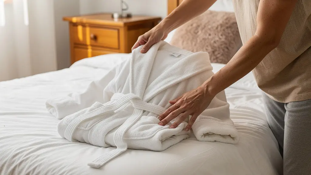 Femme pliant un peignoir éponge blanc avec la technique du rectangle