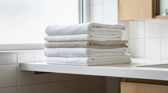 Peignoirs blancs et beiges parfaitement pliés sur étagère de salle de bain moderne