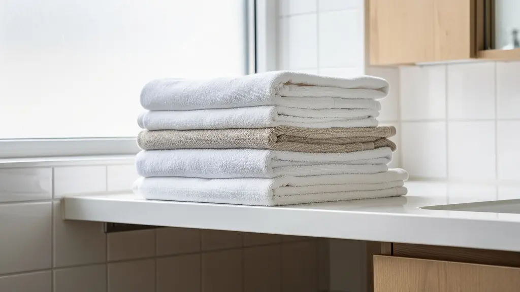 Peignoirs blancs et beiges parfaitement pliés sur étagère de salle de bain moderne