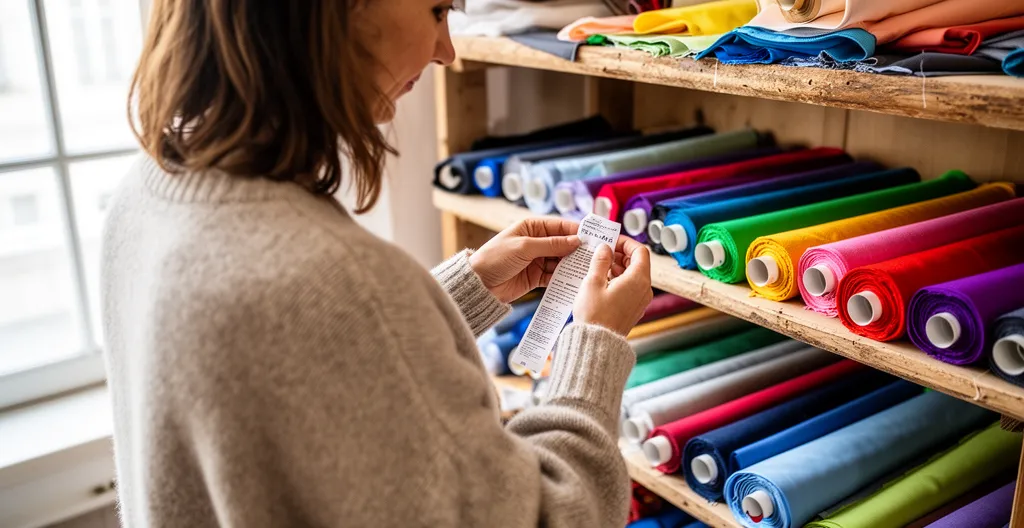 Couturière vérifiant la traçabilité d'un tissu imprimé dans son atelier