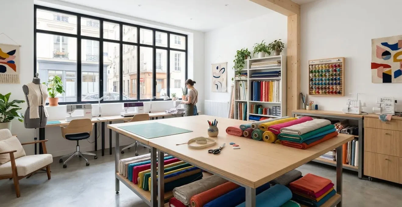 Atelier de couture lumineux avec rouleaux de tissu colorés posés sur une grande table de coupe, espace vide et épuré