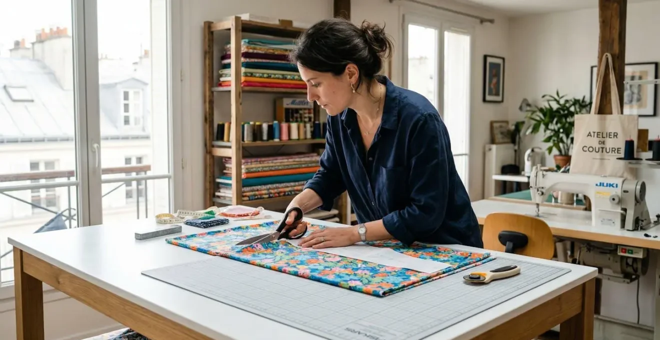 Une femme de profil, vue de trois quarts arrière, en train de découper du tissu coloré étalé sur une grande table de coupe dans un atelier lumineux moderne