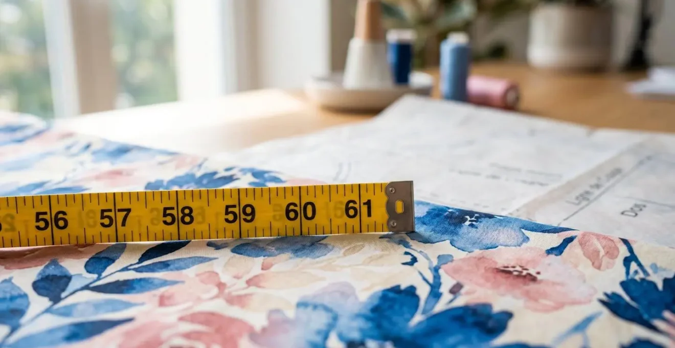 Un mètre ruban jaune posé sur un tissu viscose à motif aquarelle bleu et rose, avec un plan de coupe de patron légèrement flouté en arrière-plan